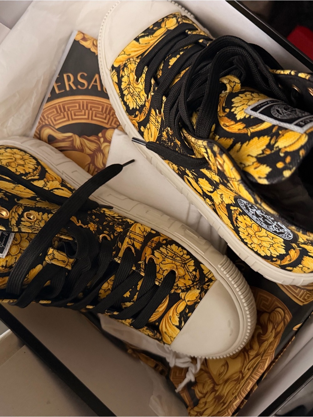 Versace woman’s High-Top Sneakers in Black and Gold Baroque Print